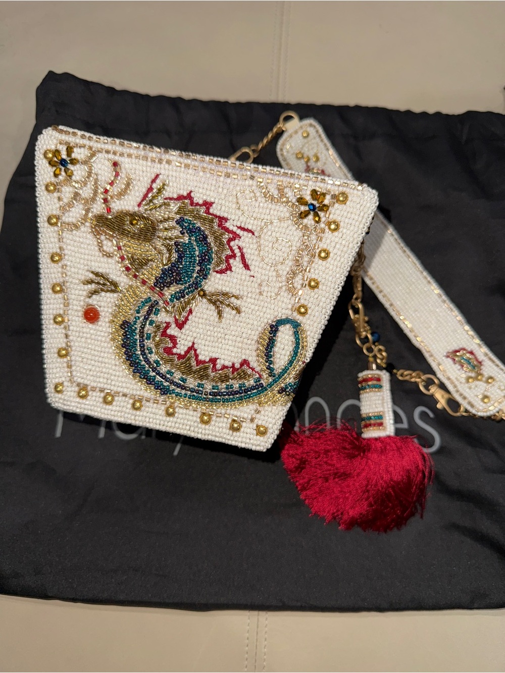 Mary Frances White Beaded Dragon Crossbody Bag with Red Tassel